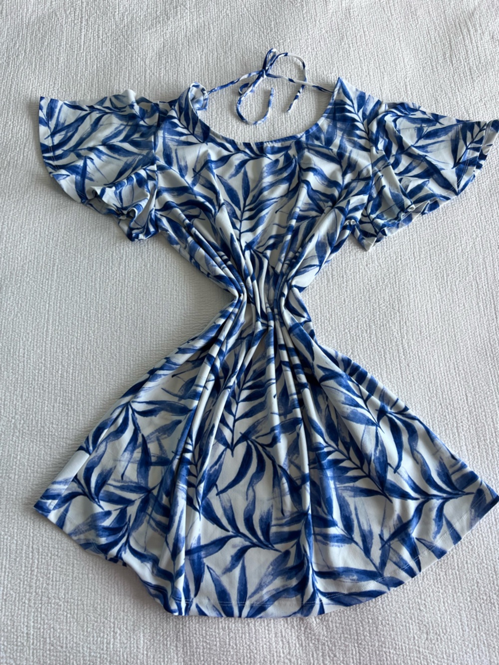 Mango Basics EUC White Dress Swim Cover Up with Blue Leaf Print Short Sleeve XL